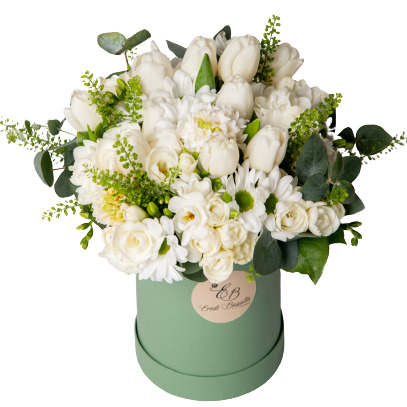 Box a cilindro con fiori bianchi Eredi Bagatin consegna a domicilio con Cosaporto