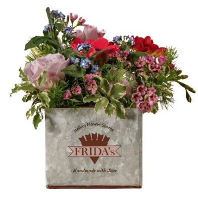 Cubo di latta di fiori e verdi di stagione Frida's Flowers consegna a domicilio con Cosaporto