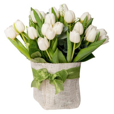 Sacchettino di juta di tulipani bianchi consegna a domicilio con Cosaporto