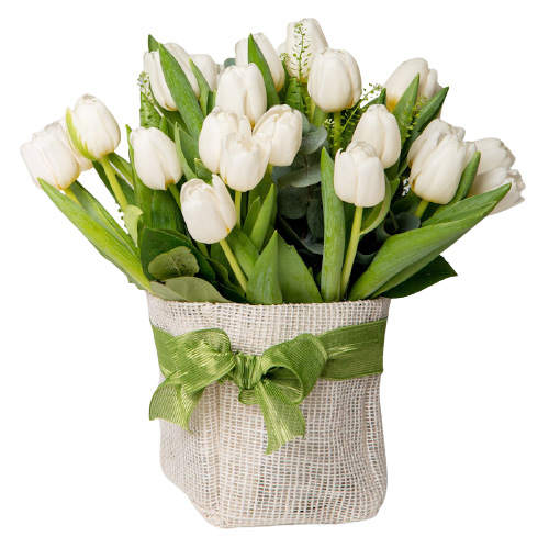 Sacchettino di juta di tulipani bianchi consegna a domicilio con Cosaporto