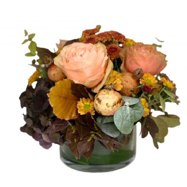 Composizione floreale autunno in vetro Coral consegna a domicilio con Cosaporto