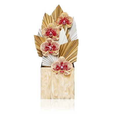 Orchidea, Golden Treasure e foglie di Chamaerops su vaso in plexiglass avorio Armani / Fiori consegna a domicilio con Cosaporto