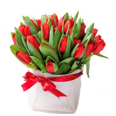 Sachettino Juta con tulipani Rossi consegna a domicilio con cosaporto