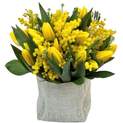 Sacchettino juta Mimosa e Tulipani Eredi Bagatin consegna a domicilio con cosaporto
