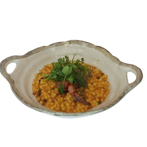 Fregola sarda, gamberi rossi, limone affumicato Mammarà consegna a domicilio con Cosaporto